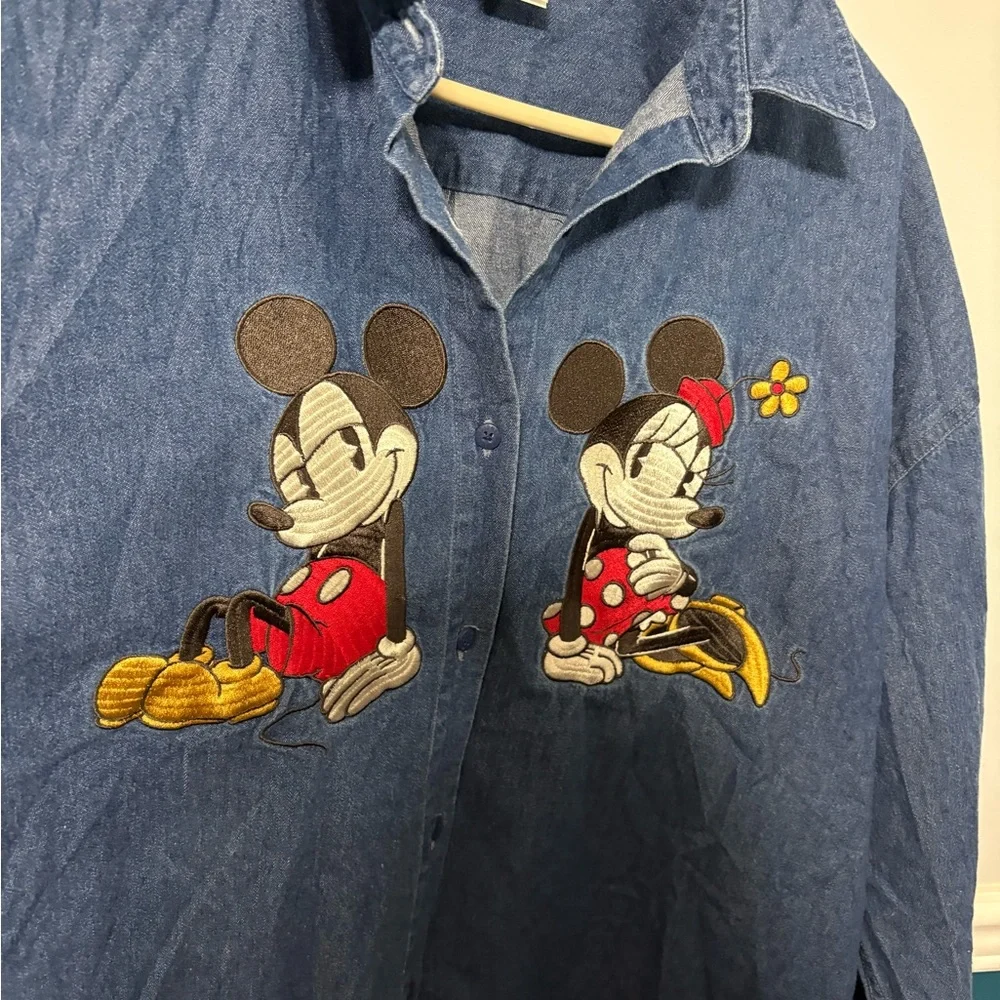 Disney Women's Blue Denim Shirt with Mickey and Minnie Embroidery XXL - Picture 9 of 10